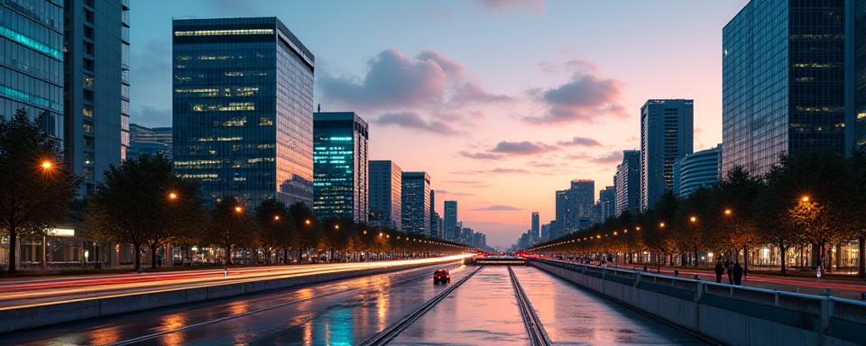 Paisaje urbano moderno de Santiago con edificios inteligentes e infraestructura sostenible al atardecer