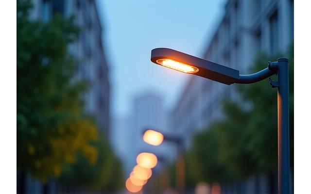 Farolas de alumbrado público con tecnología LED y sensores que ajustan la iluminación, en un entorno urbano sostenible.
