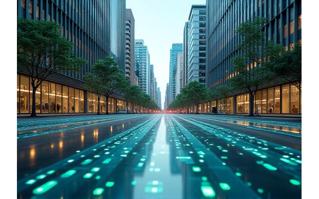 Red de sensores IoT en una ciudad moderna, capturando datos ambientales.