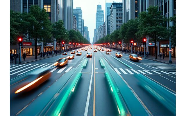 Intersección vial con flujos de tráfico optimizados por tecnología smart city, con luces de tráfico y señales dinámicas.